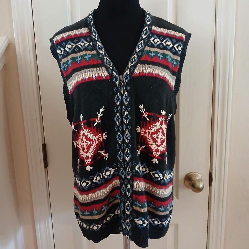 Vintage 90s North Crest Fair Isle Snowflake Holiday Knit Zip Up Sweater Vest L